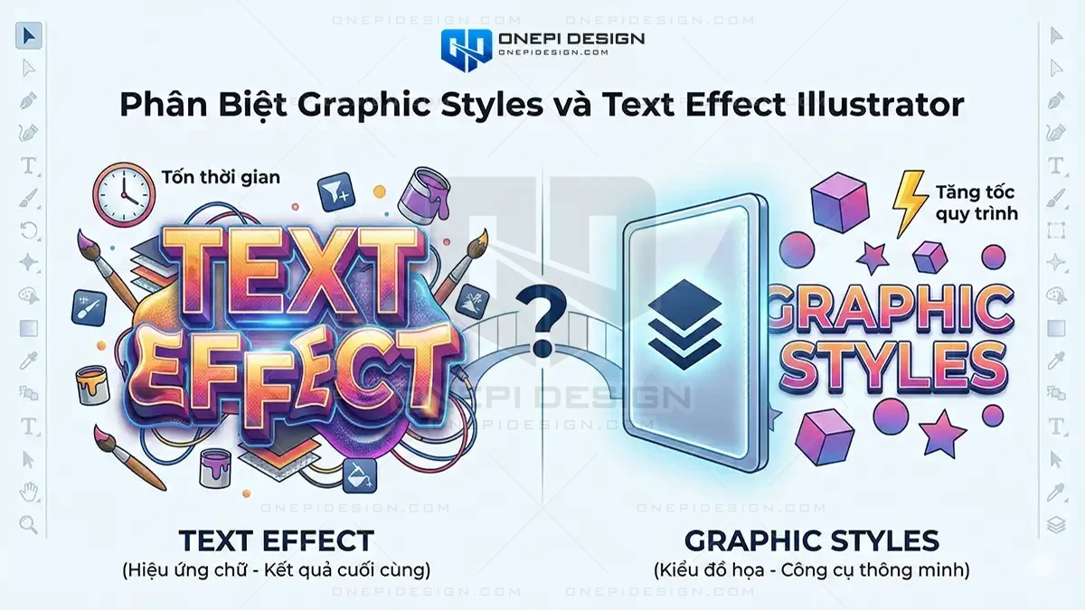 Ảnh bìa bài viết của ONEPI DESIGN với tiêu đề lớn "Phân Biệt Graphic Styles và Text Effect Illustrator". Hình ảnh sử dụng đồ họa đối lập để làm rõ: bên trái là "Text Effect" (kết quả, tốn thời gian), bên phải là "Graphic Styles" (công cụ thông minh, tăng tốc quy trình), được kết nối bởi một dấu chấm hỏi ở giữa.