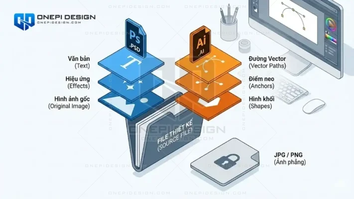 Hình ảnh minh họa cấu trúc phân lớp 3D của File Thiết Kế (nguồn PSD và AI) với các thành phần vector và raster có thể chỉnh sửa, so sánh với file ảnh phẳng JPG bị khóa.