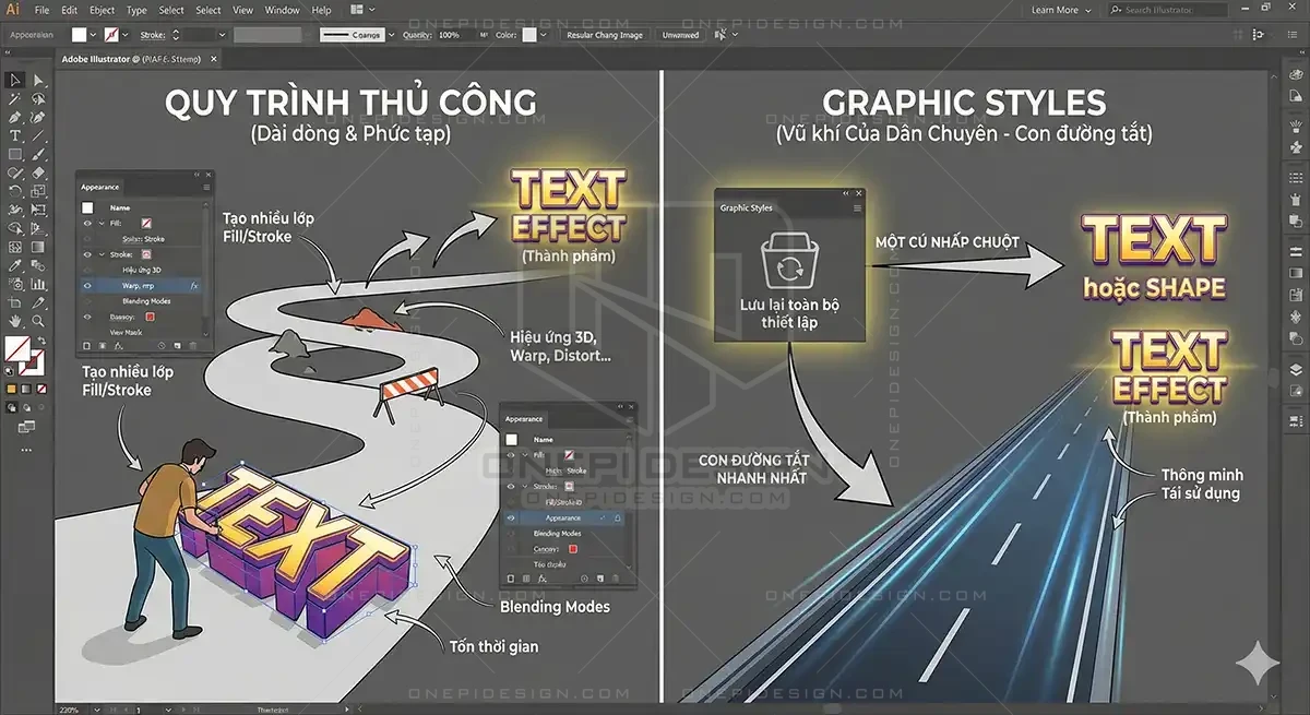 Hình ảnh so sánh trực quan giữa quy trình thủ công dài dòng (bên trái) và tính năng Graphic Styles (bên phải) trong Adobe Illustrator. Graphic Styles được minh họa như một "con đường tắt" cao tốc, cho phép lưu trữ và áp dụng lại toàn bộ hiệu ứng phức tạp cho Text hoặc Shape chỉ bằng một cú nhấp chuột.