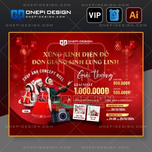 File AI banner cuộc thi chụp ảnh Giáng Sinh tông đỏ với máy ảnh và quà tặng.