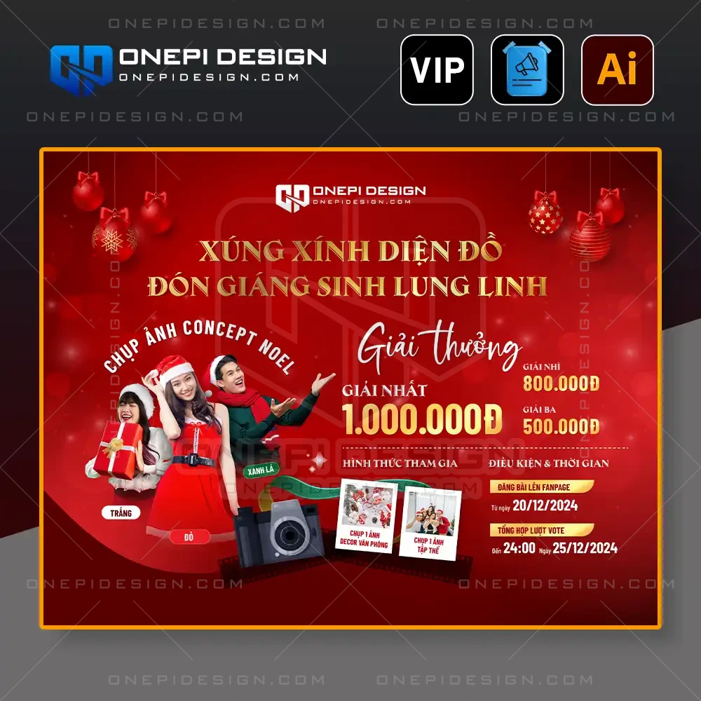 File AI banner cuộc thi chụp ảnh Giáng Sinh tông đỏ với máy ảnh và quà tặng.