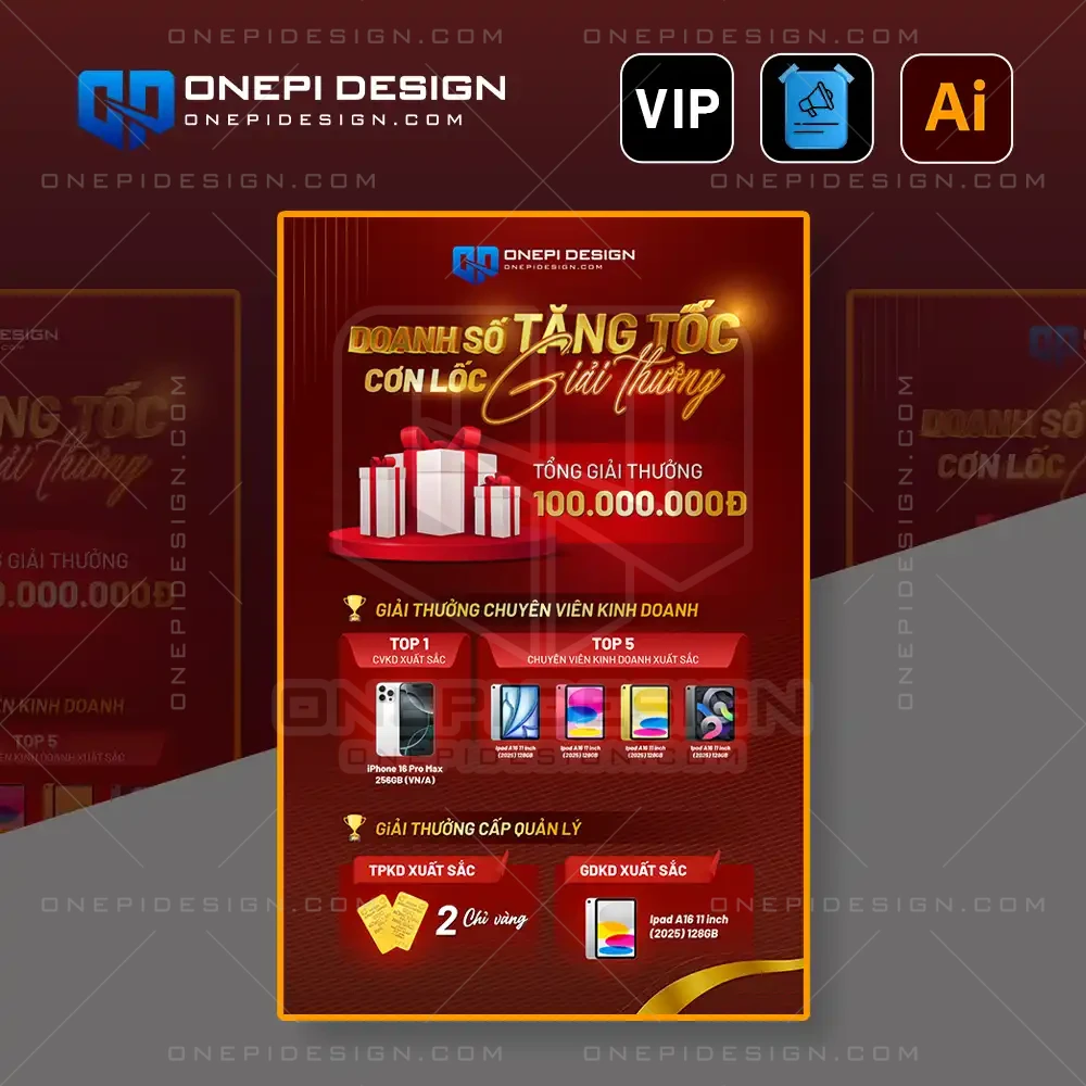 File AI Poster giải thưởng doanh số thiết kế vector tông đỏ vàng sang trọng.
