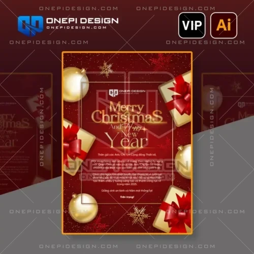File AI thiệp mừng Giáng Sinh và Năm Mới tông đỏ vàng sang trọng