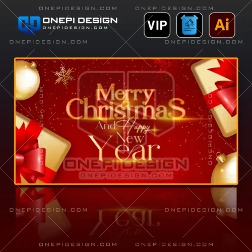 File Background AI Giáng Sinh và Happy New Year tông đỏ vàng với hộp quà và quả châu.