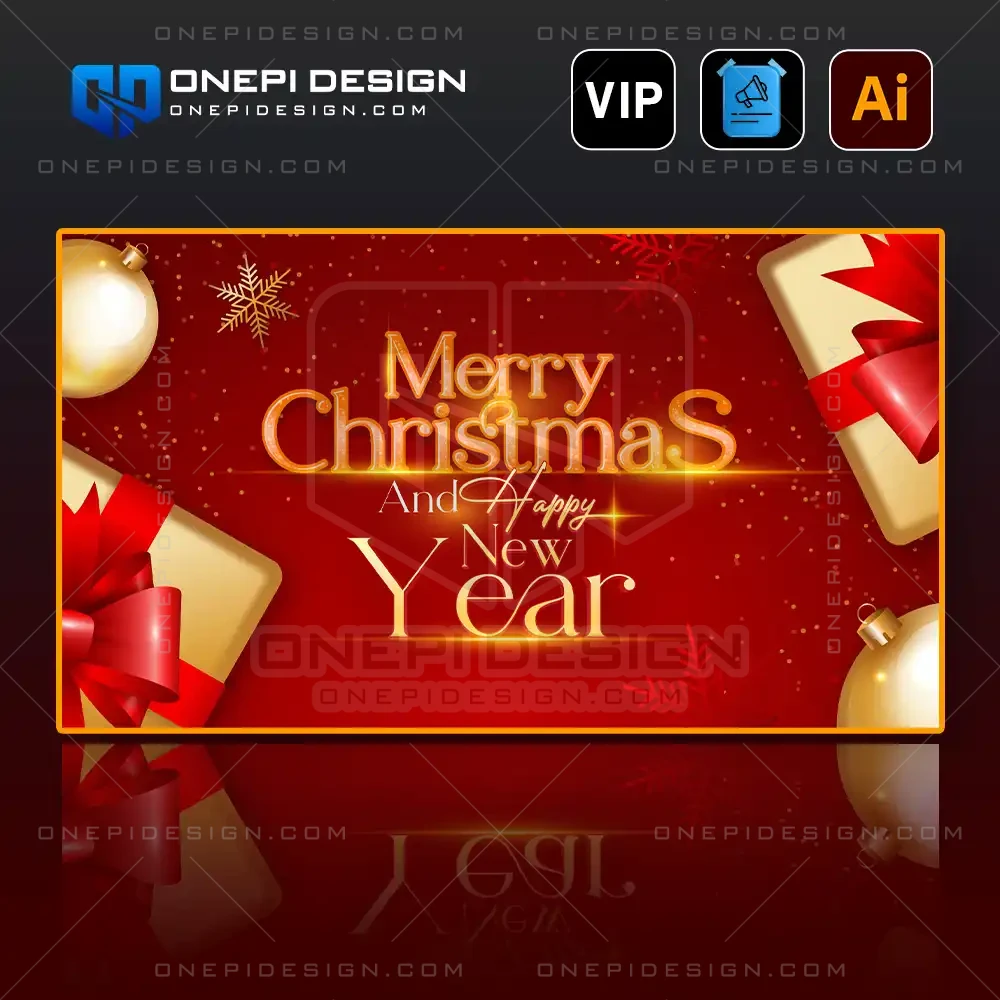 File Background AI Giáng Sinh và Happy New Year tông đỏ vàng với hộp quà và quả châu.