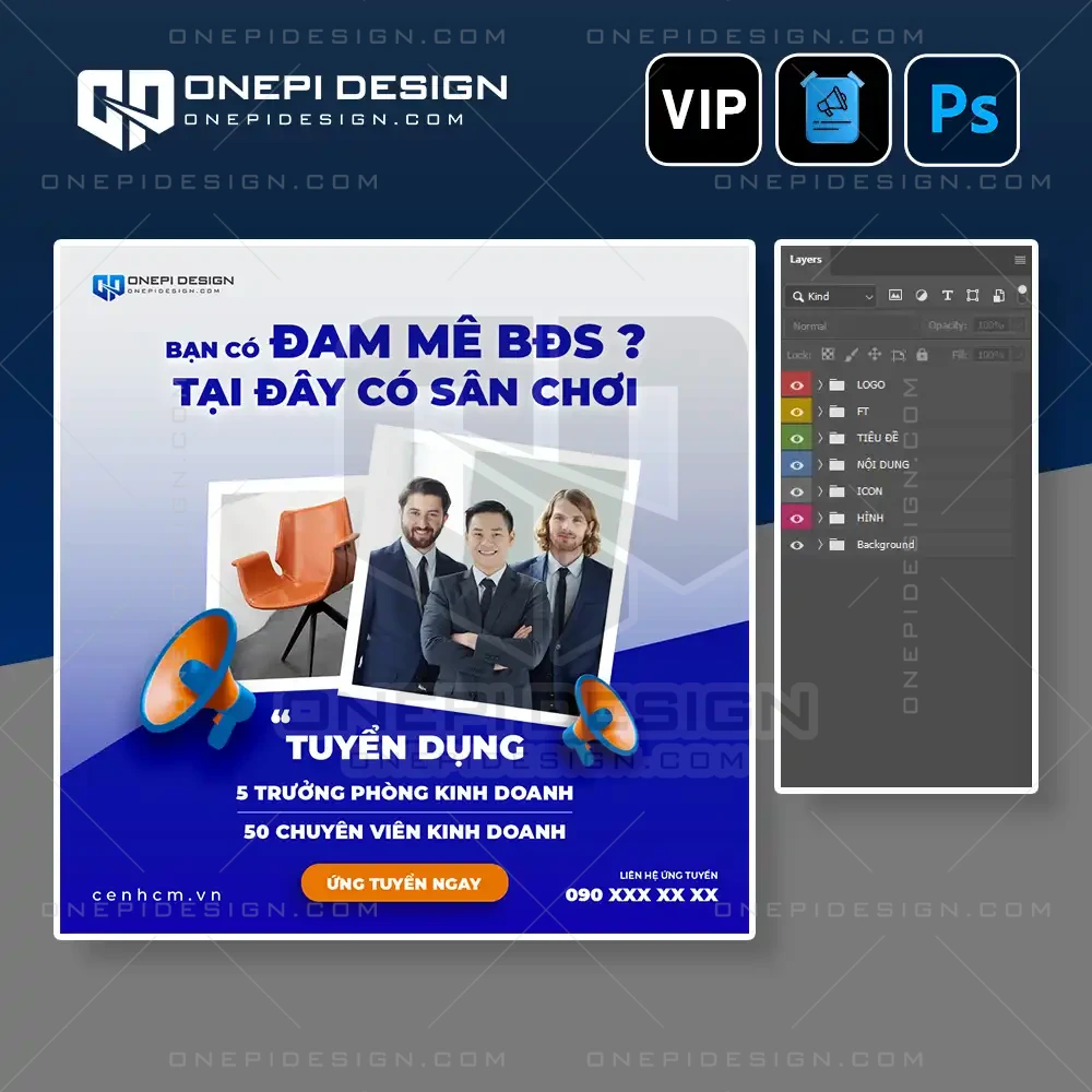 File PSD banner tuyển dụng bất động sản tông xanh dương chuyên nghiệp.