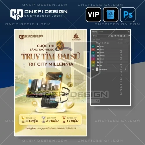 File PSD poster cuộc thi sáng tạo video bất động sản tông vàng sang trọng.