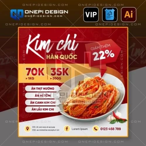 Mẫu banner quảng cáo kim chi hàn quốc file ai tone đỏ trắng kích thích vị giác.