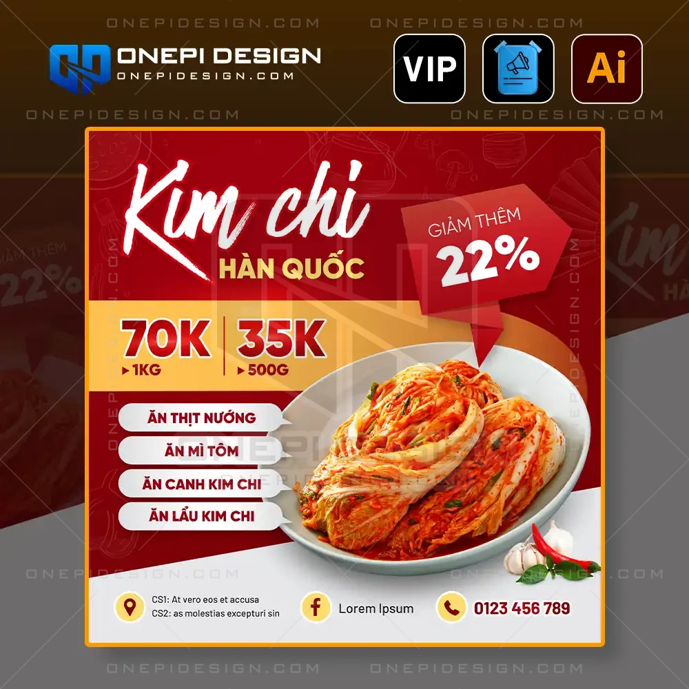 Mẫu banner quảng cáo kim chi hàn quốc file ai tone đỏ trắng kích thích vị giác.