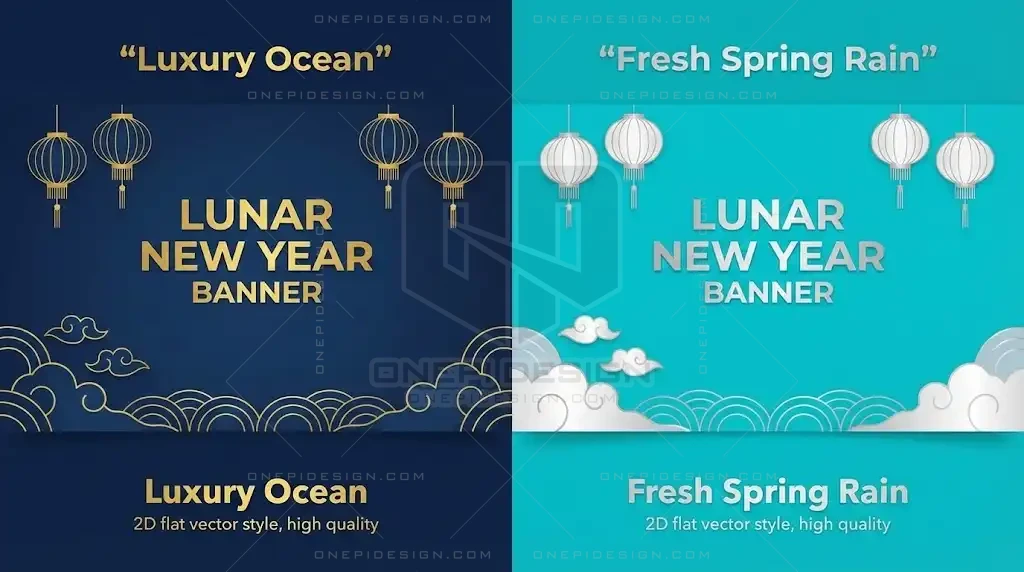 Hai concept thiết kế Tết 2026: Đại Dương Thịnh Vượng (Xanh Navy) và Mưa Xuân (Cyan/Bạc).
