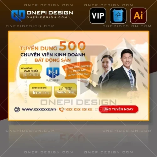 Mẫu thiết kế file ai banner tuyển dụng bất động sản tone cam vàng, tuyển 500 sale.