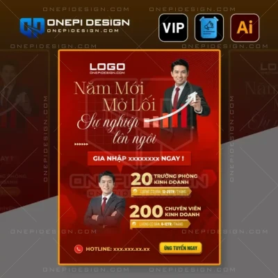 Mẫu file AI poster tuyển dụng tone đỏ rực rỡ với thông điệp Năm Mới Mở Lối, Sự Nghiệp Lên Ngôi.