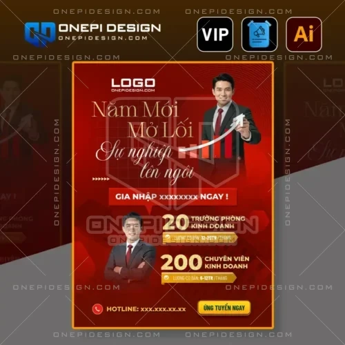 Mẫu file AI poster tuyển dụng tone đỏ rực rỡ với thông điệp Năm Mới Mở Lối, Sự Nghiệp Lên Ngôi.