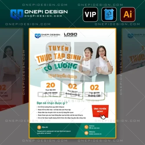 Mẫu thiết kế File AI poster tuyển thực tập sinh có lương, tông màu xanh ngọc, layout hiện đại cho sinh viên.