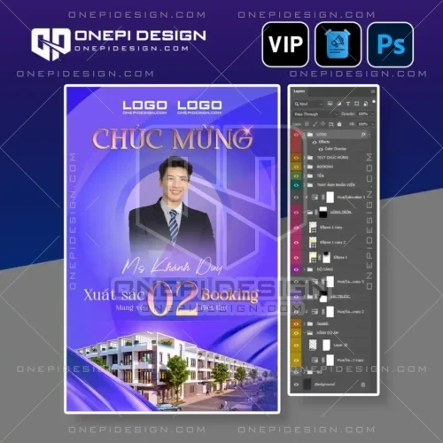 Mẫu file PSD chúc mừng booking bất động sản tông màu tím xanh sang trọng, chữ vàng.