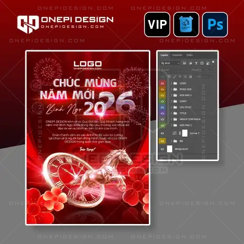 File psd thiệp chúc tết 2026 bính ngọ hình ngựa vàng vượt thời gian