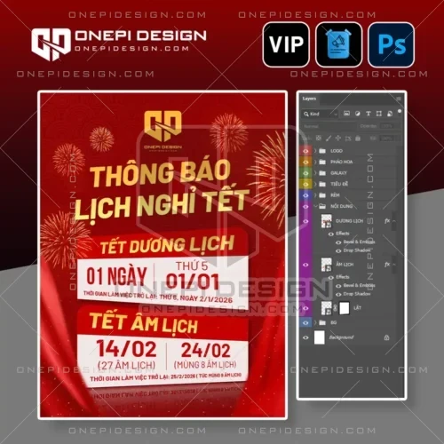 Mẫu file psd thông báo nghỉ tết dương lịch và âm lịch 2026 nền đỏ sang trọng.