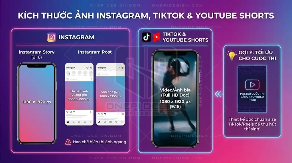 Minh họa kích thước chuẩn cho Instagram Story và Video TikTok dọc tỷ lệ 9:16 full màn hình.