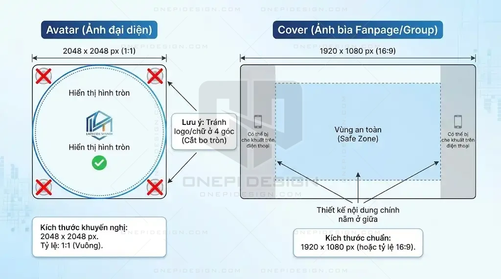 Minh họa kích thước Avatar hình tròn và Ảnh bìa Fanpage Facebook hiển thị vùng an toàn (Safe Zone).