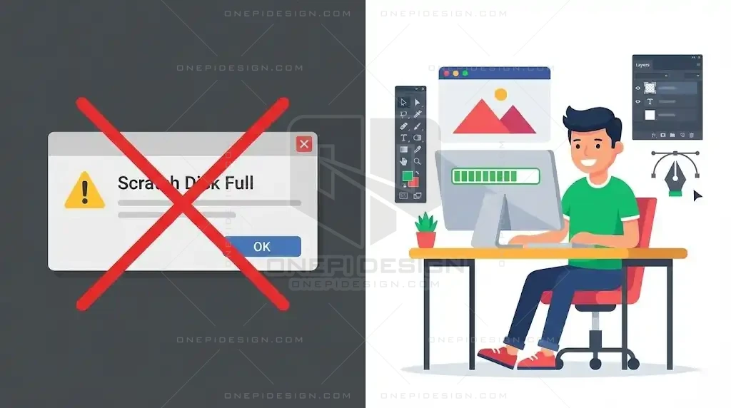 Minh họa lỗi Scratch Disk Full trong Photoshop khiến Designer không thể lưu file.