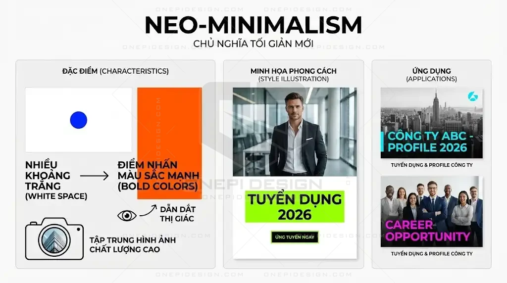 Minh họa phong cách tối giản mới (Neo-Minimalism) với nhiều khoảng trắng và màu sắc tương phản mạnh.