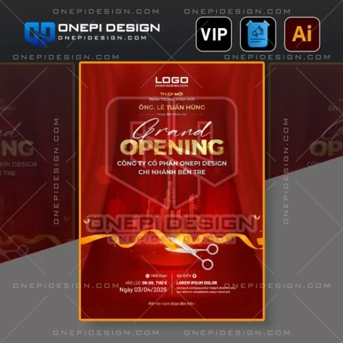 Mẫu thư mời khai trương file ai tone đỏ hình cắt băng khánh thành cho bất động sản.