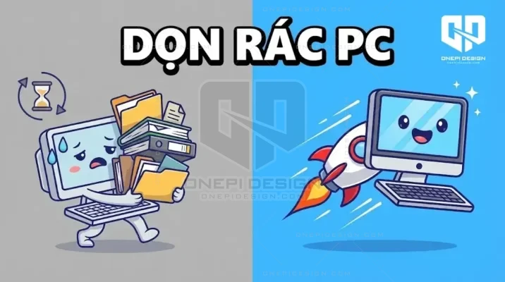Ảnh bìa so sánh máy tính trước khi dọn rác (chậm chạp) và sau khi dọn rác (nhanh như tên lửa).