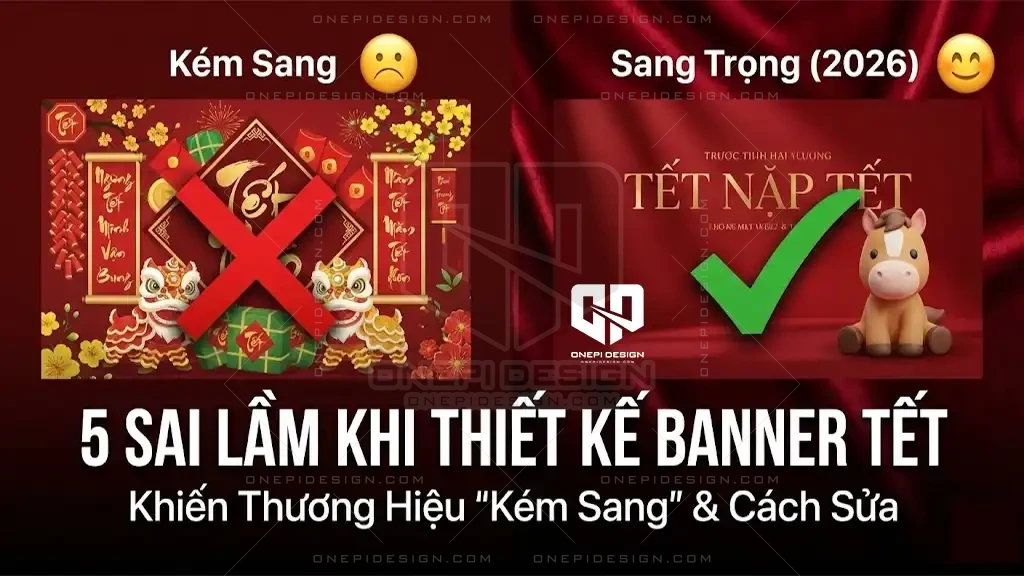 Ảnh bìa so sánh thiết kế banner Tết kém sang và banner Tết sang trọng, hiện đại năm 2026.