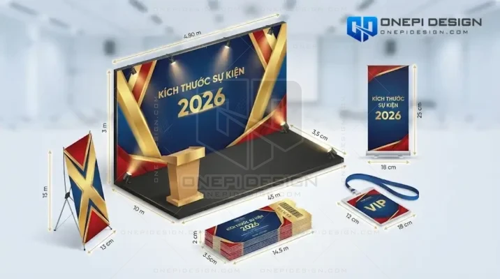 Ảnh bìa tổng hợp các loại kích thước ấn phẩm sự kiện như Backdrop, Standee, Vé và Thẻ đeo dưới dạng phối cảnh 3D thực tế.