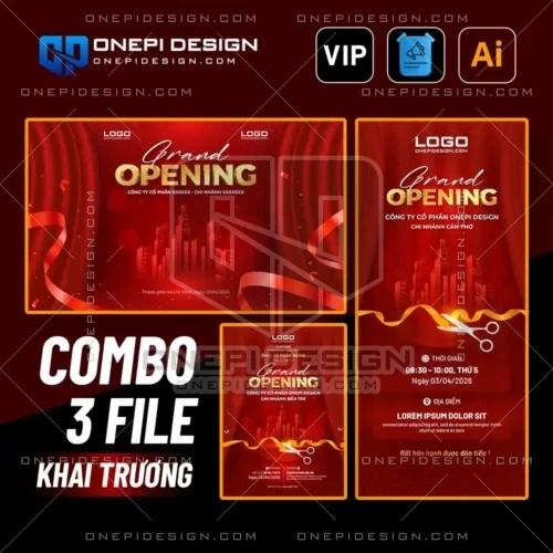 Trọn bộ thiết kế khai trương file ai bao gồm backdrop standee và thư mời tone đỏ.