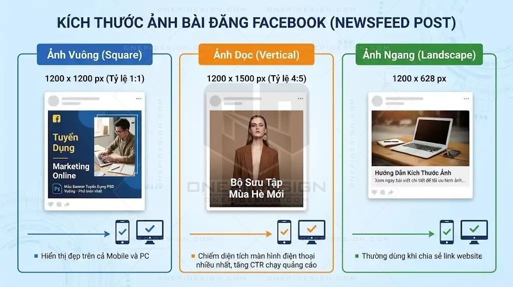 So sánh 3 tỷ lệ ảnh đăng Facebook phổ biến: Ảnh vuông (1:1), Ảnh dọc (4:5) và Ảnh ngang.