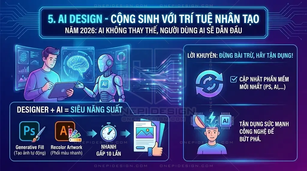 Minh họa sự kết hợp giữa Designer và công cụ AI (Trí tuệ nhân tạo) trong quy trình sáng tạo.