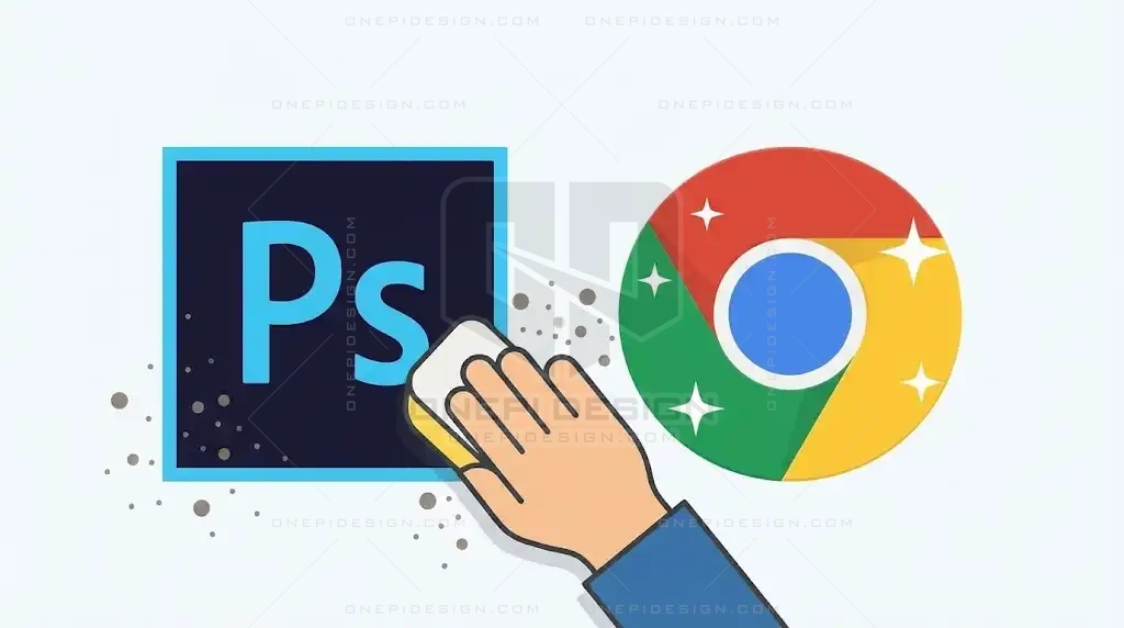 Minh họa việc xóa bộ nhớ đệm (Cache) cho trình duyệt Chrome và phần mềm Photoshop.