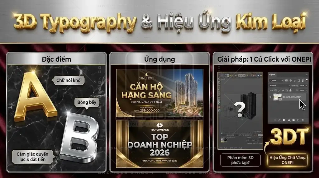 Minh họa xu hướng chữ 3D nổi khối với chất liệu kim loại vàng bạc sang trọng (Chrome/Gold).