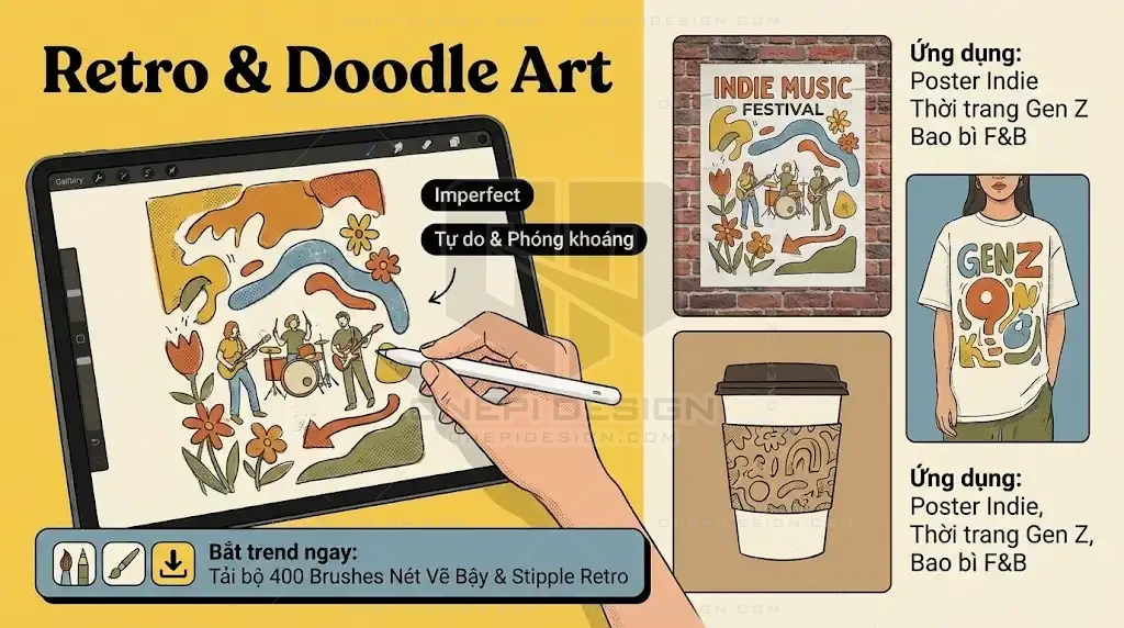 Minh họa phong cách thiết kế Doodle Art với nét vẽ tay nguệch ngoạc và hiệu ứng Retro chấm hạt.