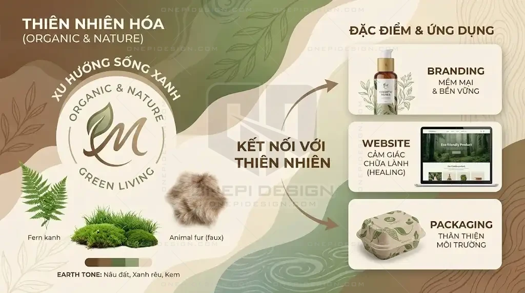 Minh họa xu hướng thiết kế Organic sử dụng các yếu tố thiên nhiên, cây cỏ và tông màu đất chữa lành.