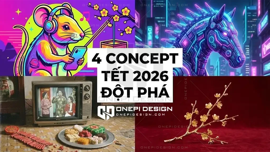 Tổng hợp 4 ý tưởng concept thiết kế Tết 2026 độc đáo: Dân gian, Cyberpunk, Retro và Luxury.