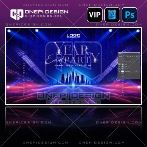 Background year end party 2026 psd tone xanh tím bất động sản