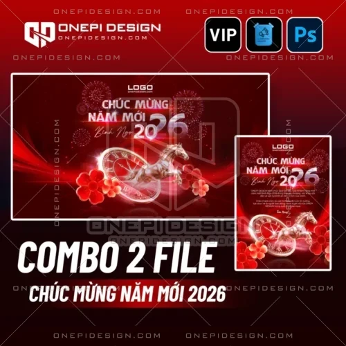 Combo 2 file psd chúc mừng năm mới 2026 đỏ kim ngựa vàng