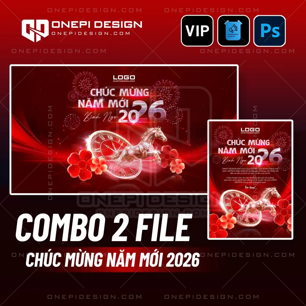Combo 2 file psd chúc mừng năm mới 2026 đỏ kim ngựa vàng