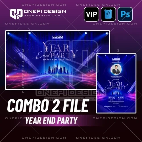 Combo psd year end party 2026 background và thiệp mời xanh tím