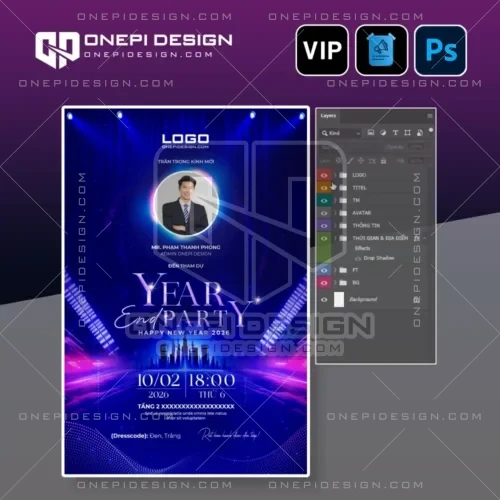 Thiệp mời year end party 2026 psd tone xanh tím bất động sản