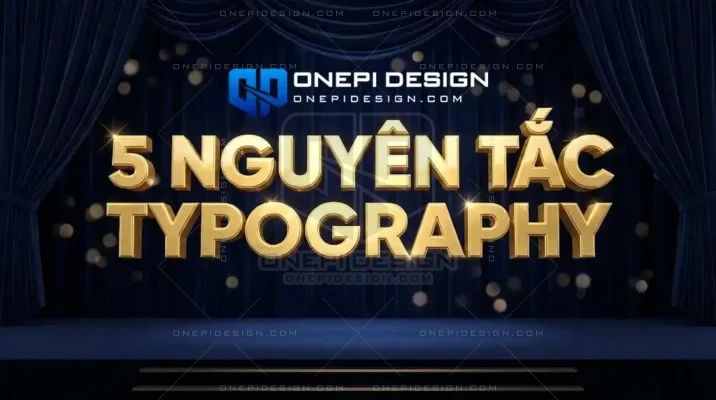 Ảnh bìa 3D minh họa 5 nguyên tắc Typography vàng cho banner sự kiện, chữ mạ vàng sang trọng trên nền sân khấu.