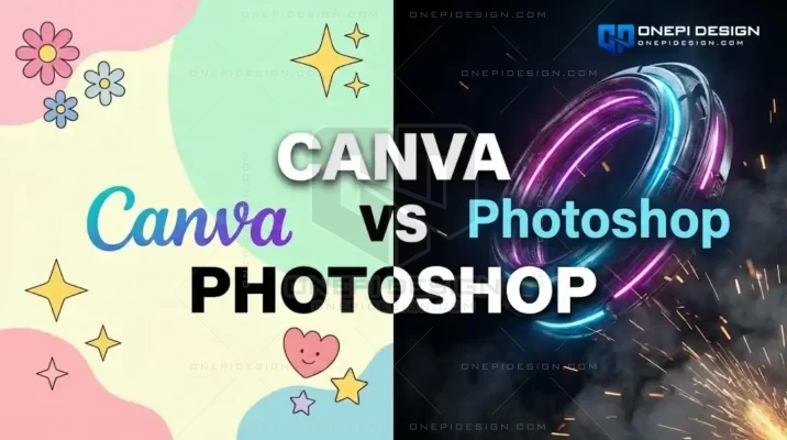 Ảnh bìa so sánh thiết kế Canva đơn điệu và thiết kế Photoshop 3D chuyên nghiệp.