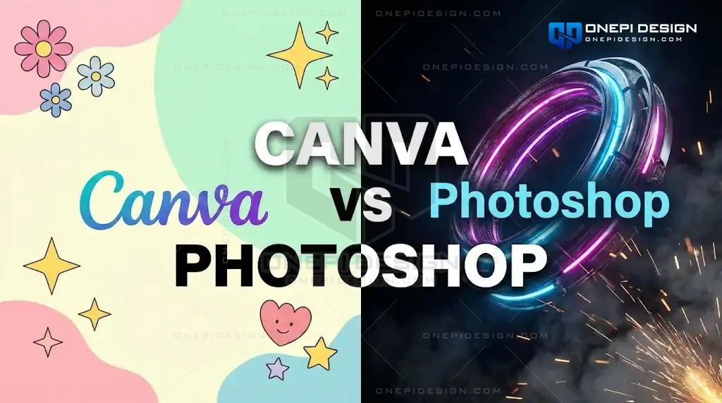 Ảnh bìa so sánh thiết kế Canva đơn điệu và thiết kế Photoshop 3D chuyên nghiệp.
