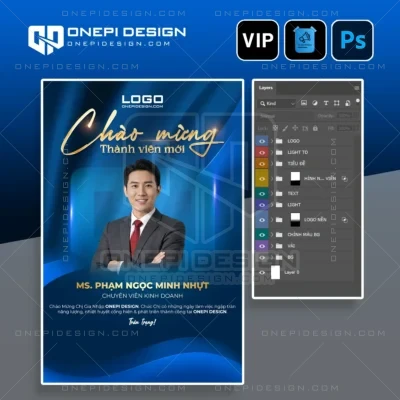 File PSD poster chào mừng thành viên mới tone xanh dương chữ vàng chuyên nghiệp.