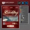Mẫu thiết kế file psd poster booking M9V2X với tone màu đỏ đô quyền lực và chữ nổi 3D sang trọng.
