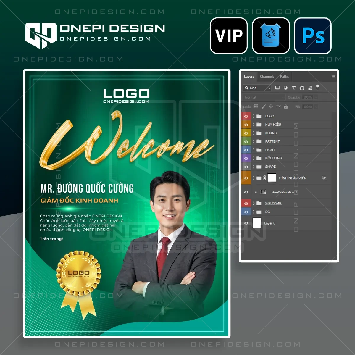 Mẫu file psd poster chào mừng nhân sự mới W8N3K chuyên nghiệp tone xanh lá ngọc.