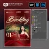 File psd poster chúc mừng booking T8R4K chuyên nghiệp với hiệu ứng chữ gold 3D sang trọng trên nền đỏ quyền lực.