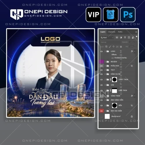 Giao diện làm việc của file psd frame avatar mạng xã hội K9V2M với tone màu xanh dương dành cho các chiến dịch bất động sản.